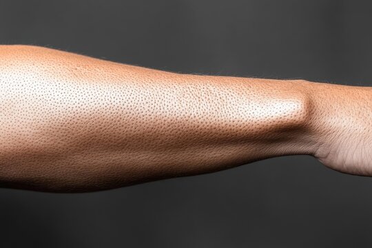 Close-up of a forearm with pronounced goosebumps and fine hairs against a dark background, evoking cold, tension, and vulnerability