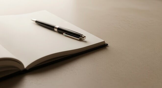 Black writing instrument resting diagonally across the open pages of a blank book.