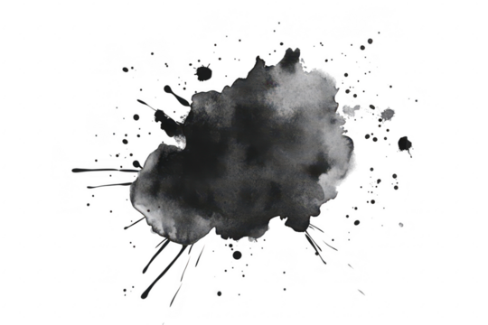 A dynamic black ink splash on a white background. fluid motion and artistic expression. suitable for creative projects. graphic design. and abstract art