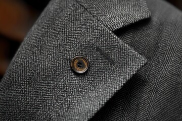 Close-up of gray herringbone wool jacket lapel with a brown button and visible stitching conveying classic refined elegance