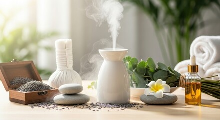 A white table with a white vase and a white candle on it. The vase is holding a white flower, and the candle is emitting a white smoke.
