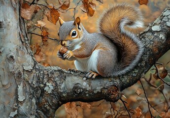 Naklejka premium Curious and content red squirrel clutching a nut on a lichen-covered branch amid golden autumn leaves