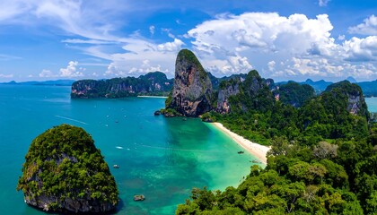 Aerial view of a tropical beach with karst islands and turquoise water, bathed in sunny daylight