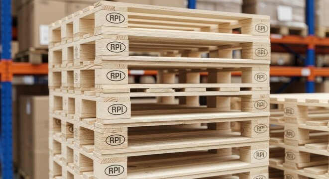 Stack of wooden pallets in a warehouse with RPI logos on them.