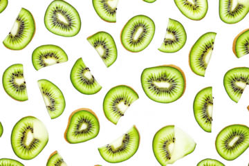 A arrangement of fresh kiwi slices on a white background. their unique textures and colors. perfect for use in healthy eating articles or food-related marketing