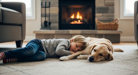 Boy Sleeping on Dog by Fireplace in Cozy Living Room Scene