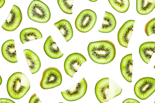 A arrangement of fresh kiwi slices on a white background. their unique textures and colors. perfect for use in healthy eating articles or food-related marketing