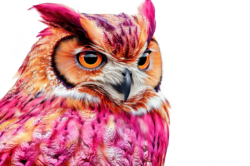 A and colorful owl with striking pink and orange feathers. its intense gaze against a plain background. ideal for wildlife photography or artistic representations of nature