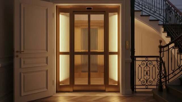 Elegant elevator doors closing in a luxury apartment building lobby. Modern lift with warm lighting next to a classic staircase with wrought iron railings and wooden parquet floor