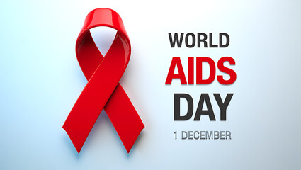 A stark and impactful image featuring a prominent red ribbon symbolizing world aids day accompanied by bold text proclaiming world aids day december 1st against a clean bright background