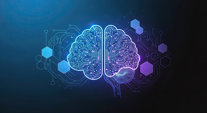 Futuristic artificial intelligence brain with neural network connections and glowing circuitry, perfect for technology and medical innovations showcasing human ingenuity