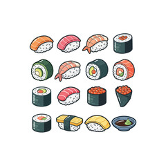 A vibrant collection of various stylized Japanese sushi types, including nigiri, maki rolls, and sashimi, presented as a colorful illustration.
