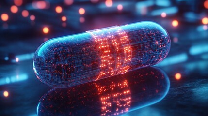 glowing translucent digital pill with red circuit-like lights reflecting on a dark surface, evoking futuristic wonder and clinical precision