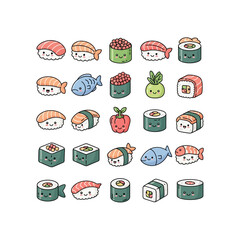 A collection of adorable cartoon sushi rolls, nigiri, and other Japanese food items with happy faces.