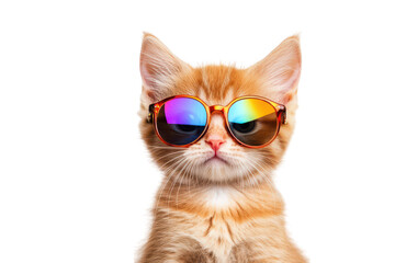 A stylish orange tabby cat wearing colorful sunglasses poses confidently against a plain white background. its playful personality and trendy fashion sense