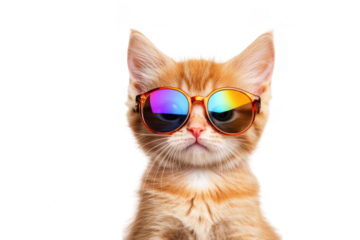 A stylish orange tabby cat wearing colorful sunglasses poses confidently against a plain white background. its playful personality and trendy fashion sense