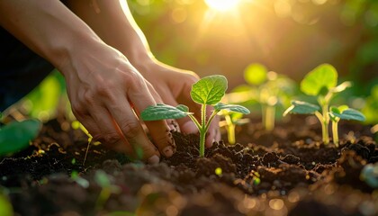 Hands Planting Seedlings in Fertile Soil at Sunset.