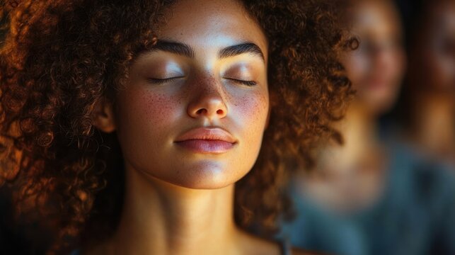 Close-up of a person with curly hair and bare neck in warm light, soft-focus portrait conveying calm introspection and a gentle, intimate mood with a figure in the background