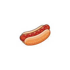 Cartoon illustration of a hotdog with a sausage in a bun, topped with a zig-zag of red ketchup.