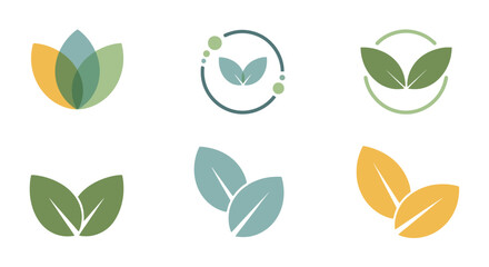 Collection of six minimalist leaf logos in various styles and colors.