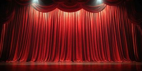 rich red velvet stage curtains lit by a single spotlight over an empty wooden stage, evoking a dramatic tense atmosphere of anticipation