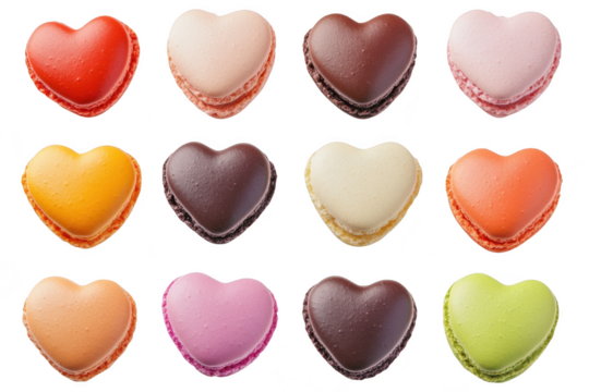 A assortment of heart-shaped macarons in various colors and flavors arranged neatly in a grid pattern. their glossy surfaces and inviting textures. perfect for dessert photography