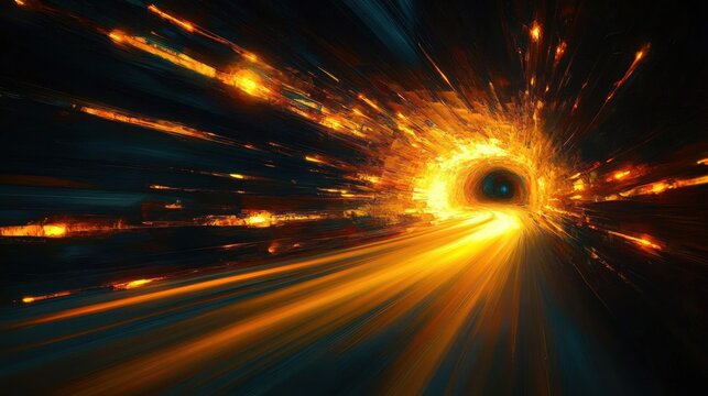 blazing golden light tunnel with streaking particles and intense sense of speed and wonder - Powered by Adobe