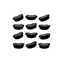 A collection of twelve stylized hot dog silhouettes with various toppings on a white background.