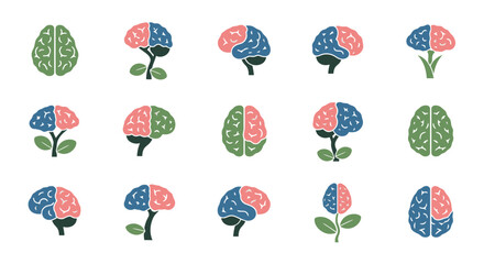 Fototapeta premium Collection of creative brain illustrations symbolizing growth intelligence and mental wellbeing.