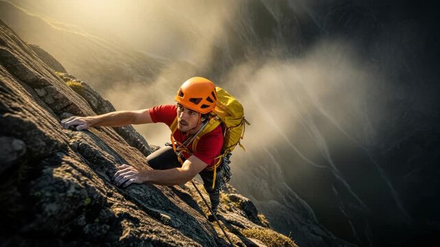 Adult caucasian male mountaineer climbing a steep rock face during a dramatic sunrise. Extreme sports athlete showing determination and strength on an exposed mountain ascent
