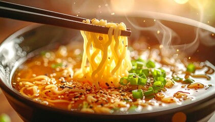 Delicious Ramen Bowl with Chopsticks and Fresh Green Onions.