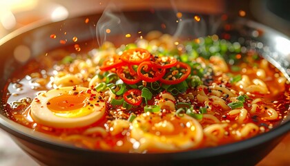 Delicious Ramen Bowl with Egg and Chili Peppers - A Culinary Delight.