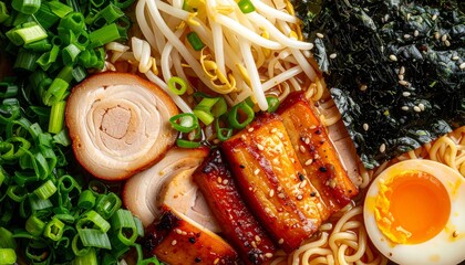 Delicious Ramen Bowl with Pork, Egg, and Seaweed Close-Up.