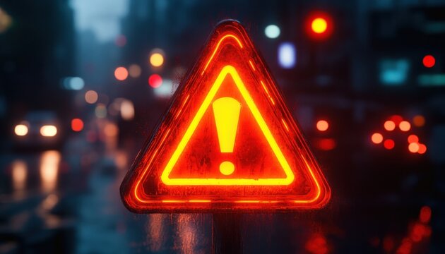 glowing neon triangular warning sign with exclamation mark on a wet city street at night, urgent moody atmosphere with blurred car lights and reflections