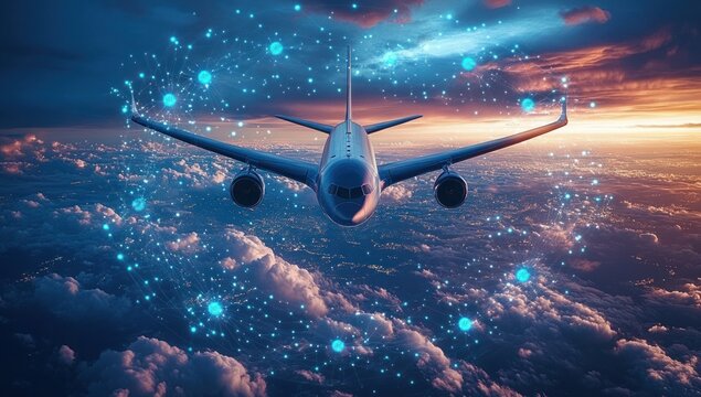 Front view of a jet airliner flying above a glowing cloudscape at sunset with digital network nodes and luminous connections, futuristic, serene and majestic