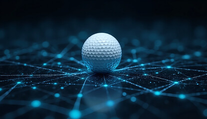Modern golf ball resting on a futuristic network with glowing connections, representing precision, technology, and high performance in sports and business