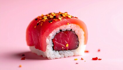 Delicious Tuna Sushi Roll with Spicy Topping on Pink Background.
