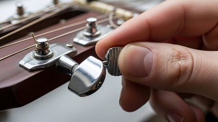 Close-up of Hand Adjusting Guitar Tuning Peg with String in Focus
