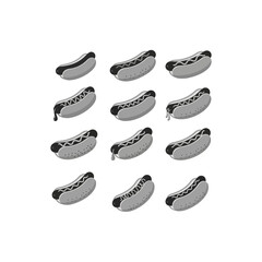 A set of twelve black and white hot dog illustrations showing various stages of adding condiments.