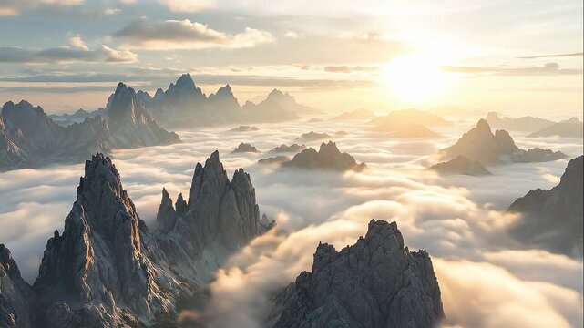 Inspiration and new beginnings concept with an epic sunrise timelapse over a majestic mountain range above the clouds