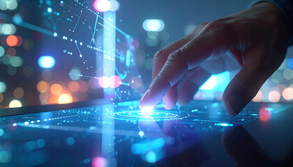 Digital Touch and Innovation: A close-up view of a hand interacting with a glowing digital interface, representing the cutting edge of technology and data processing, a vision of the future.