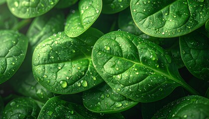 Fresh Spinach Leaves with Water Droplets - A Vibrant Green Close-Up.