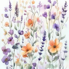 delicate watercolor wildflowers with orange and purple blooms, slender stems and green leaves, soft lavender spikes and airy composition evoking a calm whimsical spring mood