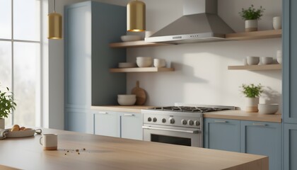 Modern kitchen interior with sleek cabinets, stainless steel appliances, and wood accents