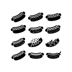 A collection of stylized black and white hot dog illustrations, showcasing different designs.