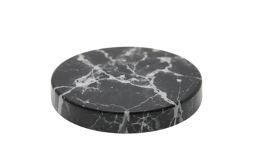 Round dark marble disc with white veins on black background