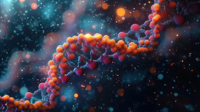 Glowing colorful DNA double helix of textured molecular spheres twisting through a sparkling bokeh cosmic background, evoking wonder and futuristic scientific awe - Powered by Adobe