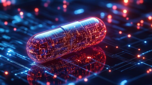 Reflective glowing capsule pill etched with electronic circuit patterns on a dark circuit board surface, neon red and blue lights, futuristic high-tech intrigue