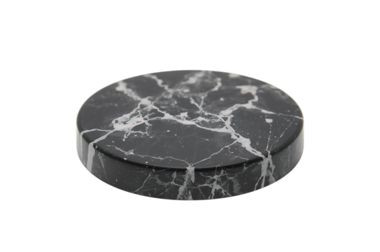 Round dark marble disc with white veins on black background