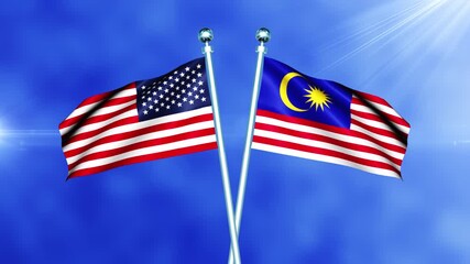 USA and Malaysia Flag Waving On Pole Loop